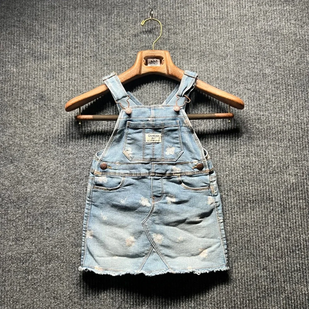 OshKosh Bgosh Denim Overall Dress Toddler 3T Blue Floral Print Bib‎ Jumper Skirt